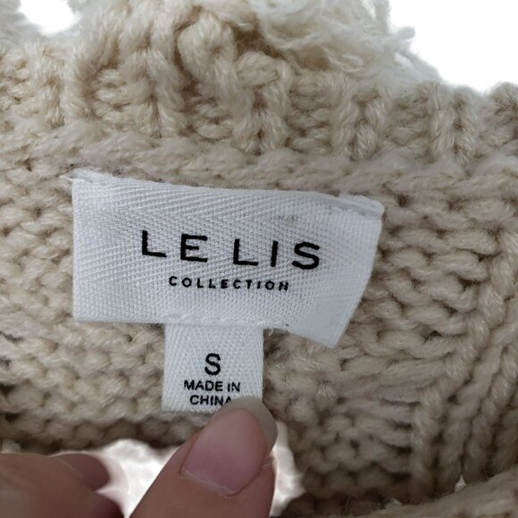 Le Lis Cream Cable Knit Cropped Sweater Fringe Distressed Frayed Tan Neutral - Picture 2 of 9